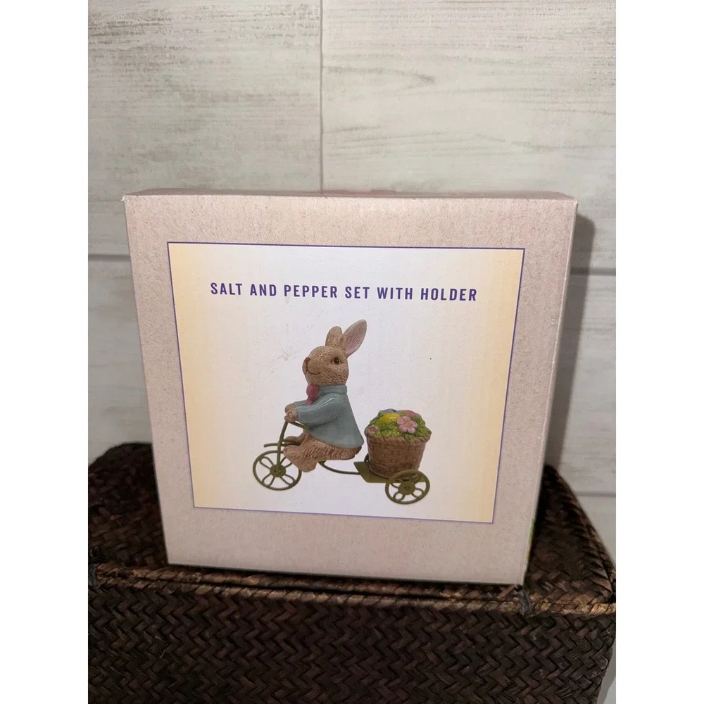 Cracker Barrel Easter Bunny on Tricycle Salt and Pepper Shaker Set with‎ Holder